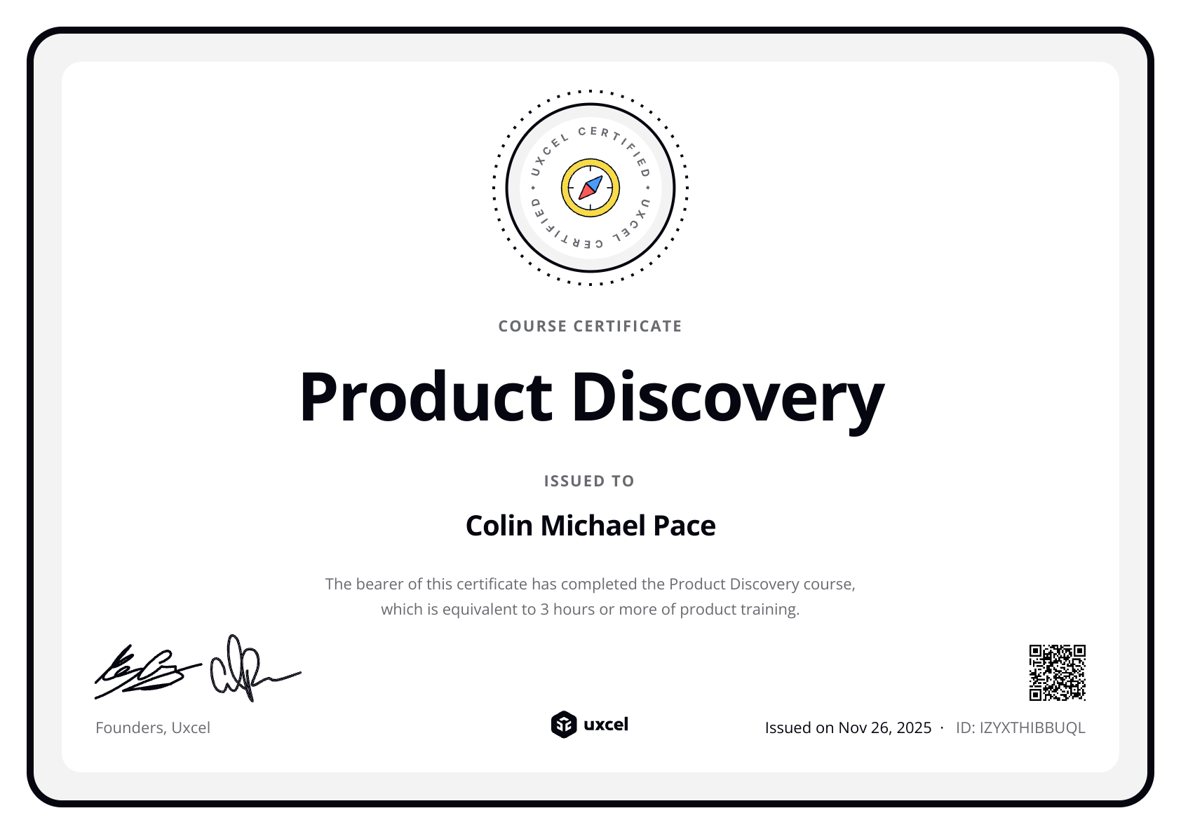 Colin Michael Pace's certificate